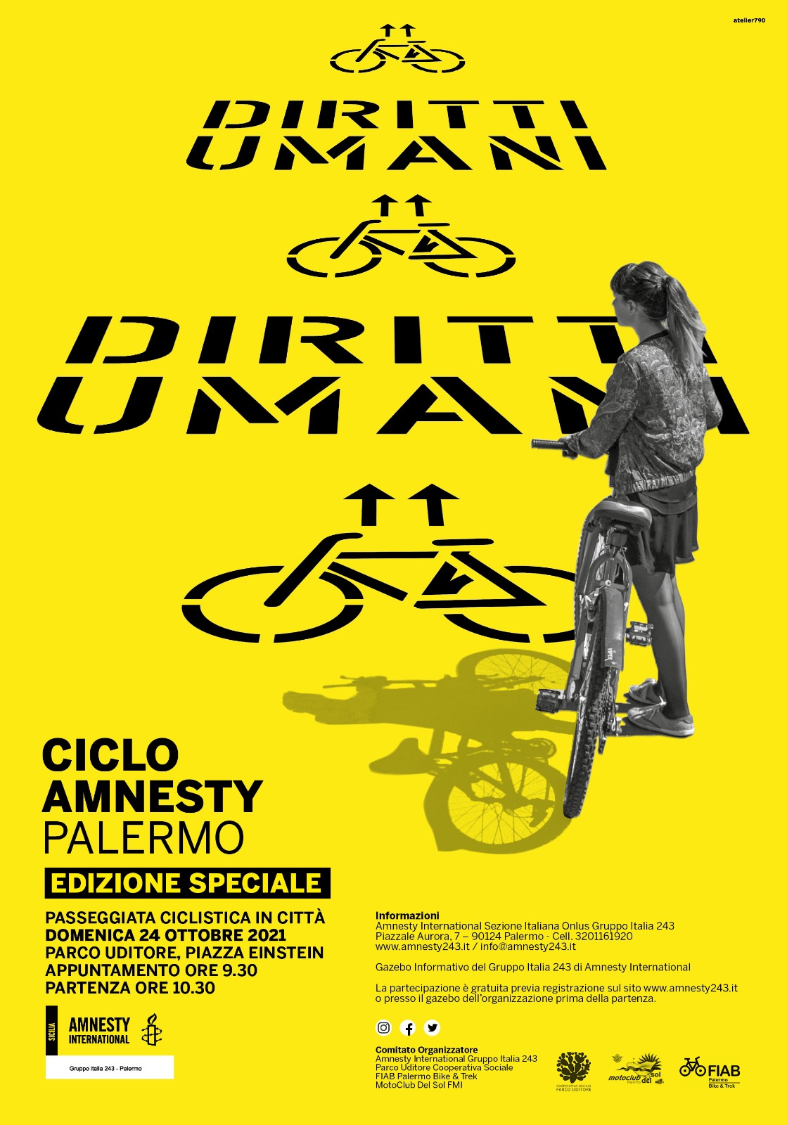 Locandina della pedalata in giallo per Amnesty International